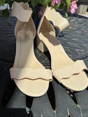 Ankle-Strap Block Heel Sandals in Beige